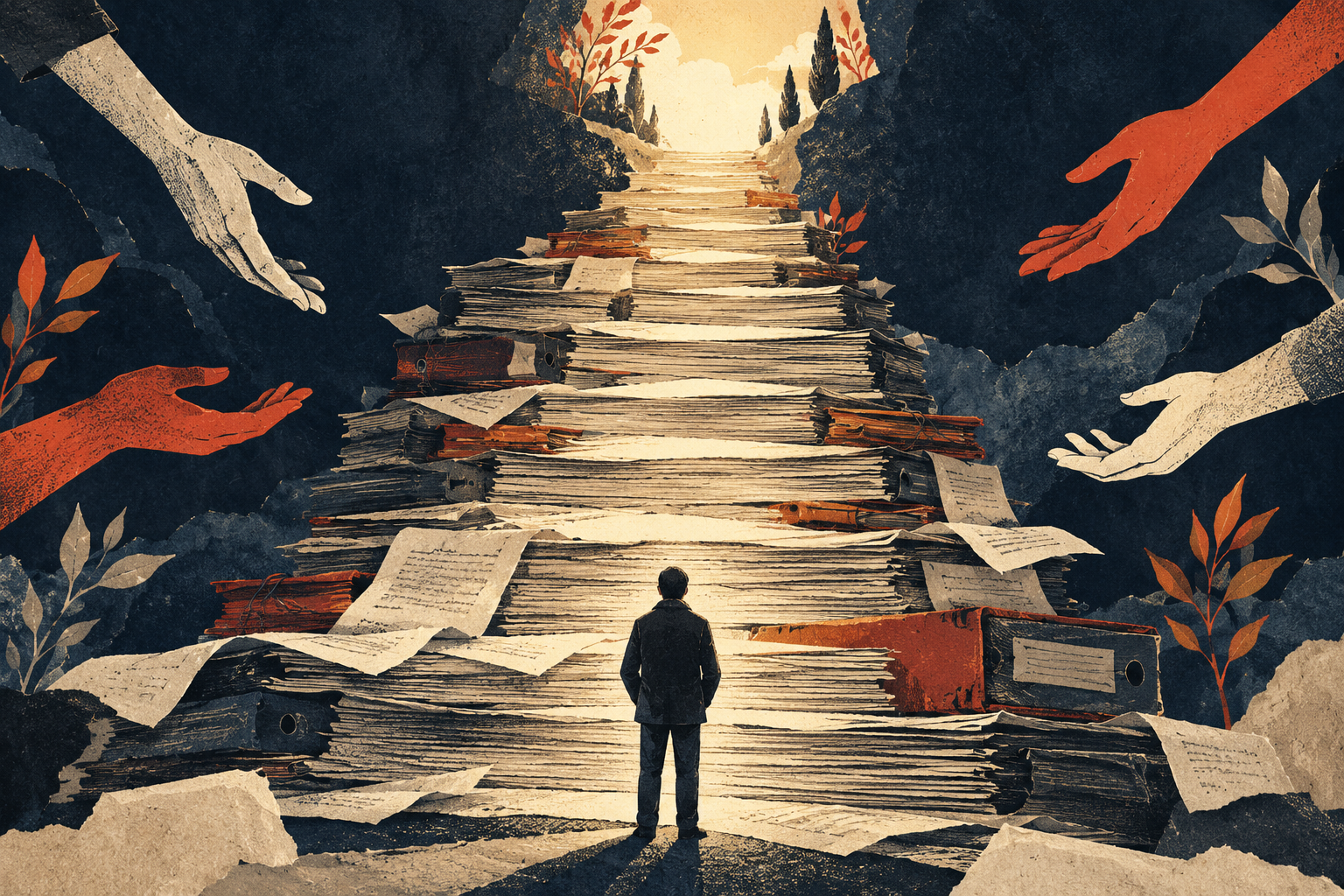 Illustrazione simbolica: una persona davanti al peso dei documenti, con un percorso verso la luce